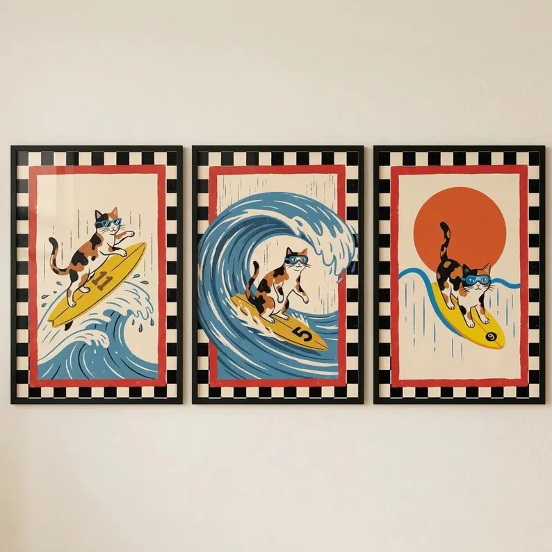 Home Decor Cat - 3pcs Retro Japanese Wave Cat SurfingWall
