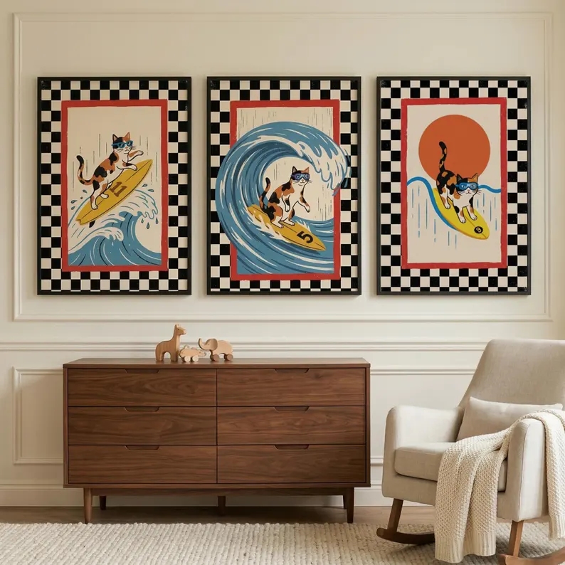 3pcs Retro Japanese Wave Cat S - Home Decor Cat ulasan dan harga