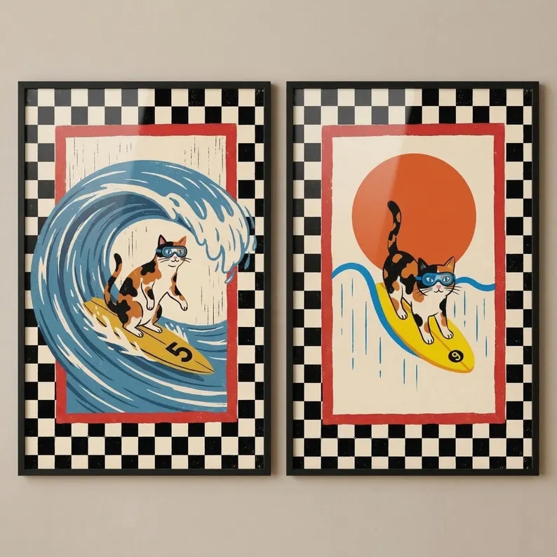 3pcs Retro Japanese Wave Cat S - Home Decor Cat ulasan dan harga